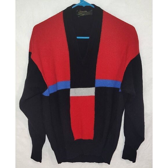 Vintage Wool Sweater J McInerney Ltd Scotland Gray Blue Red Black Color Block Sz - Picture 1 of 8